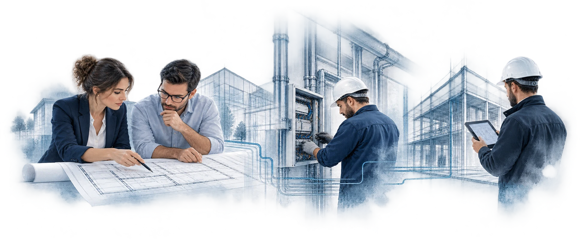 Illustration: Planung am Bauplan, technische Umsetzung und Abnahme mit Tablet